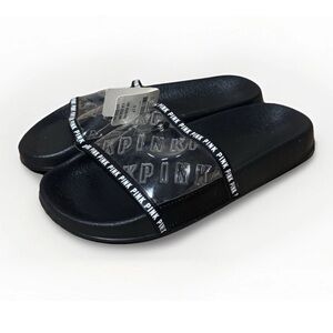 NWT PINK VS Victoria secret black clear logo Slides slip on Sandals size small